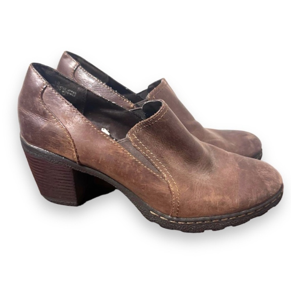 Y2K Merona Brown Leather Block Heel Round Toe Booties Women’s Size 10 Slip-On